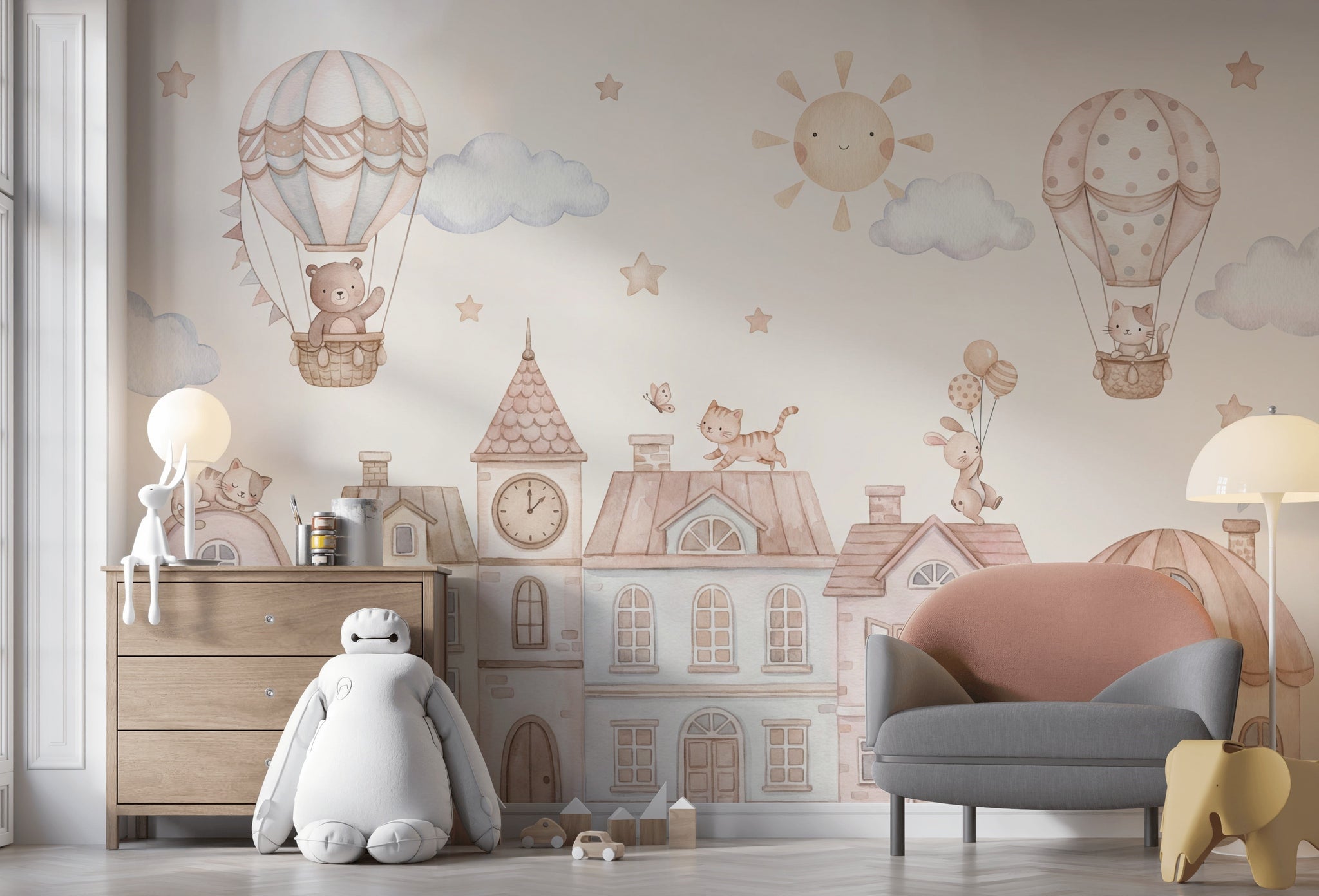Hot Air Balloon Wallpaper Storybook Town Removable Nursery Wall Decor