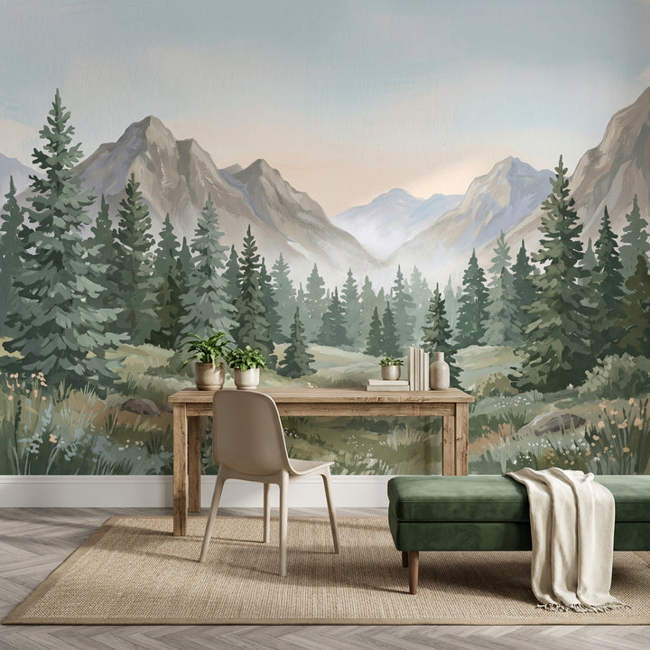 Mountain Landscape Wallpaper Pine Forest Removable Watercolor Wall Decor