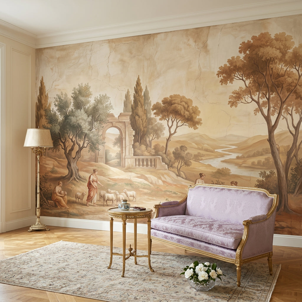Classical Pastoral Landscape Wallpaper Antique Fresco Roman Arch Ruin Wall Mural