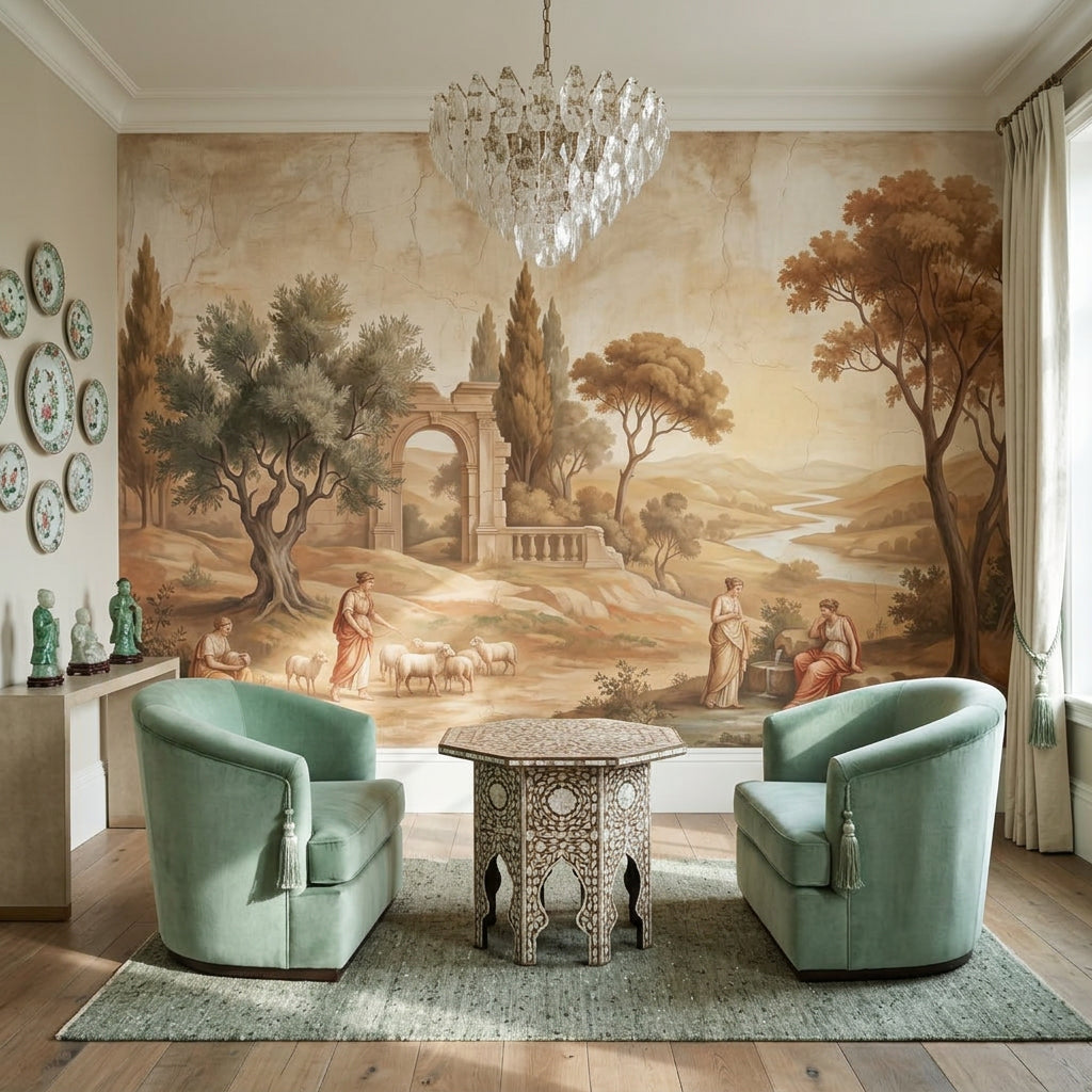 Classical Pastoral Landscape Wallpaper Antique Fresco Roman Arch Ruin Wall Mural