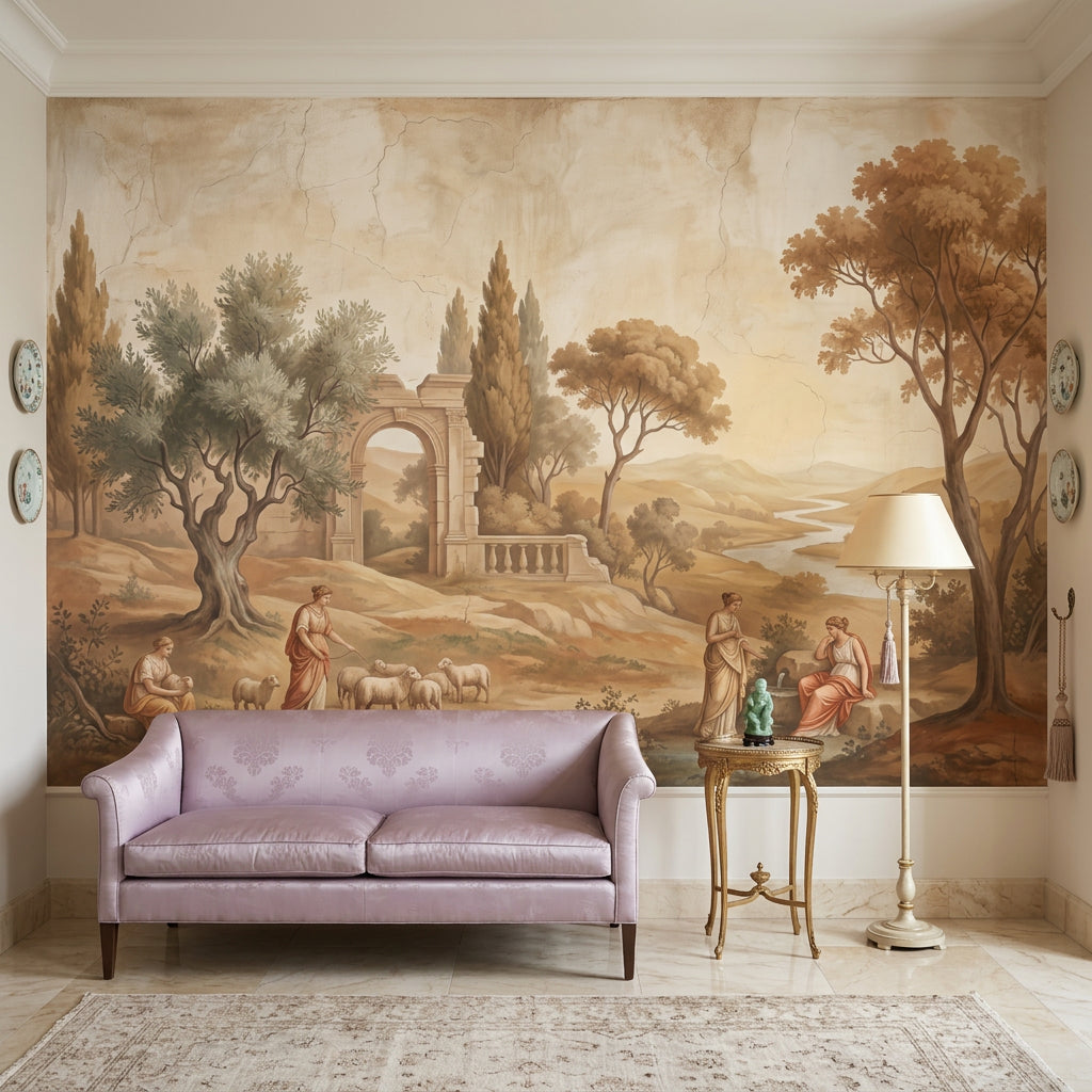 Classical Pastoral Landscape Wallpaper Antique Fresco Roman Arch Ruin Wall Mural