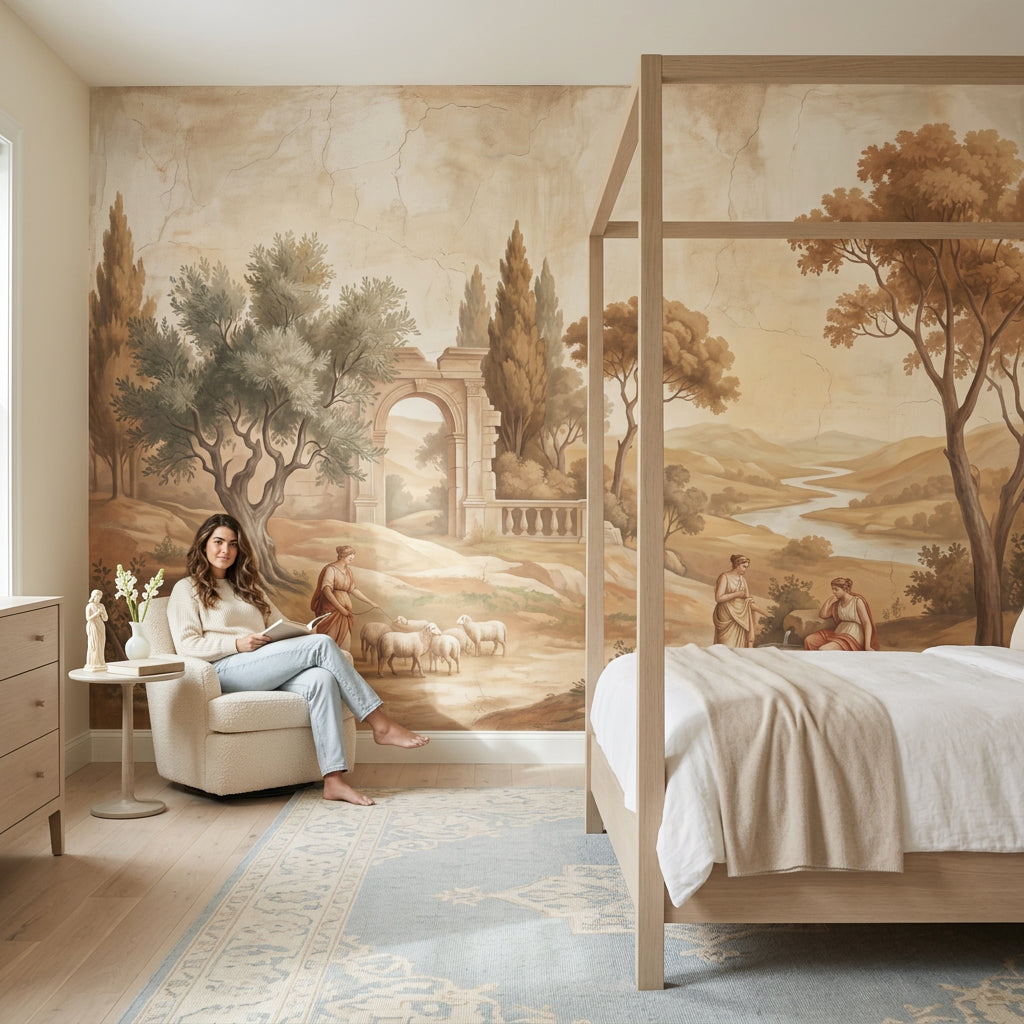 Classical Pastoral Landscape Wallpaper Antique Fresco Roman Arch Ruin Wall Mural