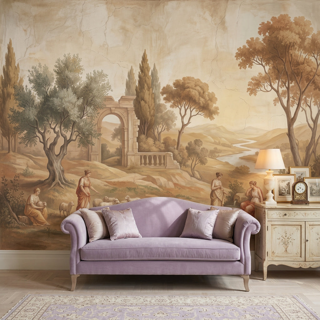 Classical Pastoral Landscape Wallpaper Antique Fresco Roman Arch Ruin Wall Mural
