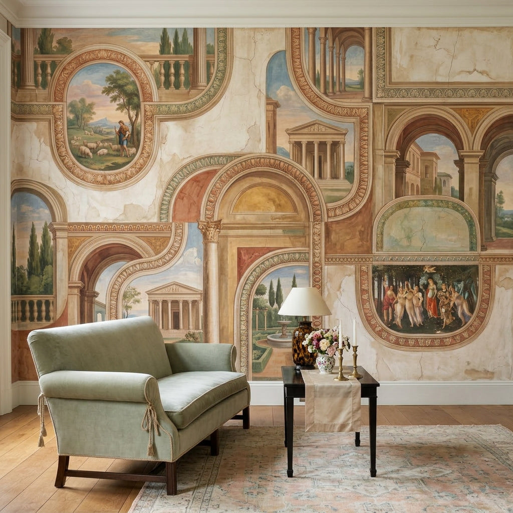 Classical Fresco Wallpaper Roman Architecture Removable Arched Colonnade Wall Decor