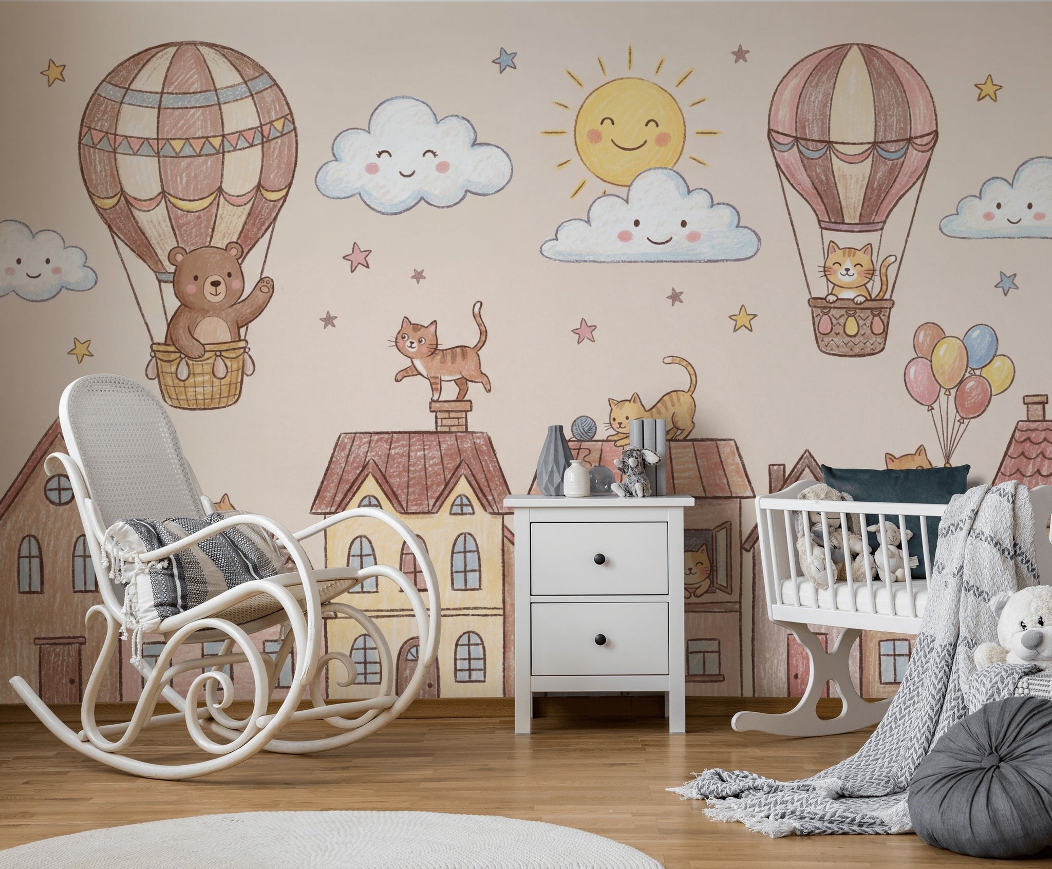 Kids Wallpaper Cute Town Removable Hot Air Balloons Wall Decor