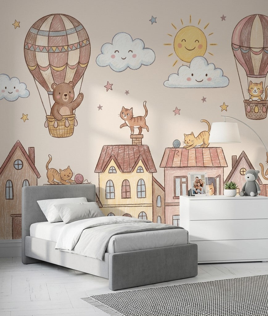 Kids Wallpaper Cute Town Removable Hot Air Balloons Wall Decor