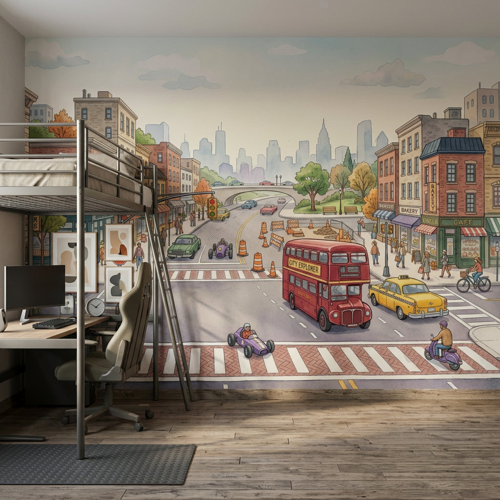 Street Intersection Wallpaper Cityscape Removable Shops And Cafes Wall Decor