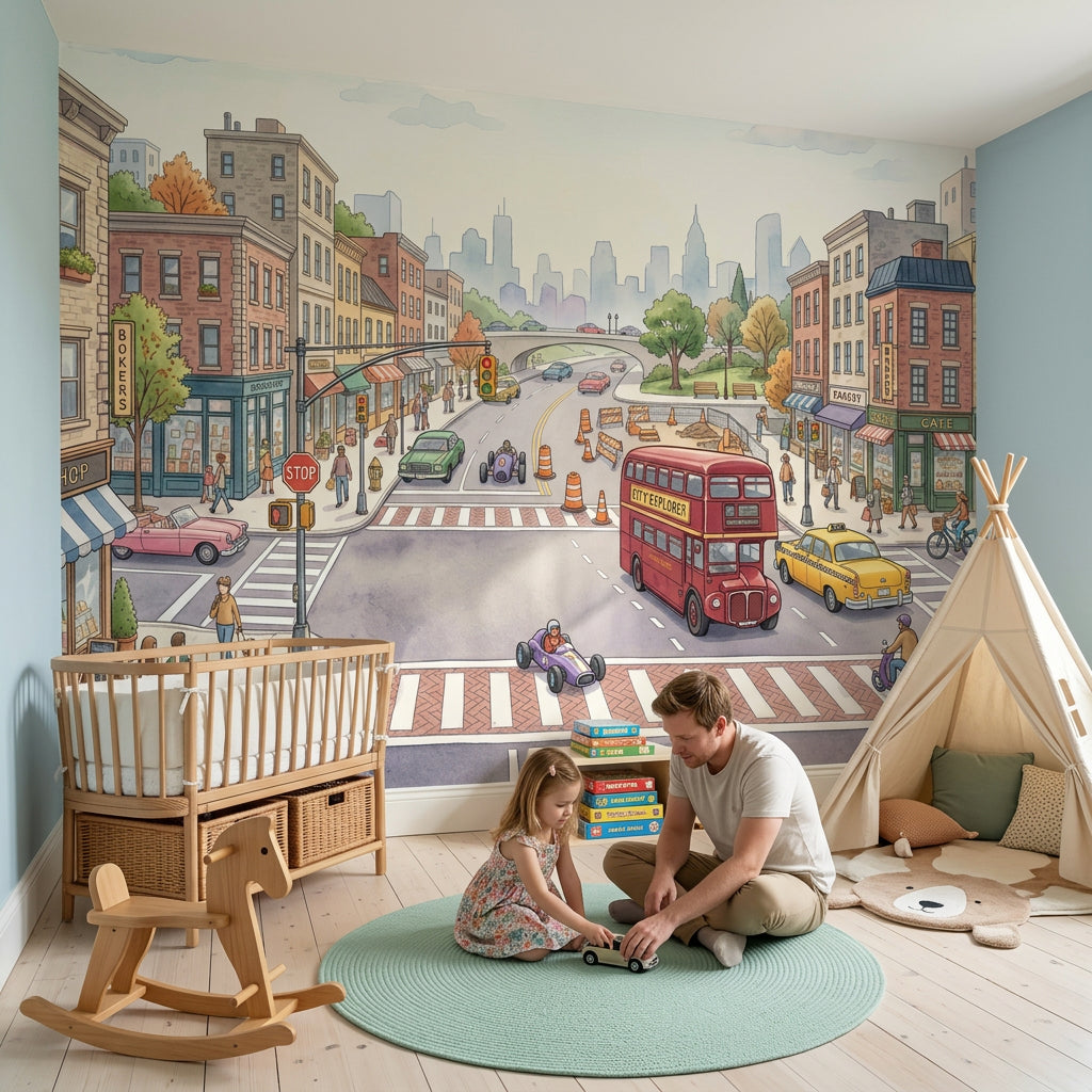 Street Intersection Wallpaper Cityscape Removable Shops And Cafes Wall Decor