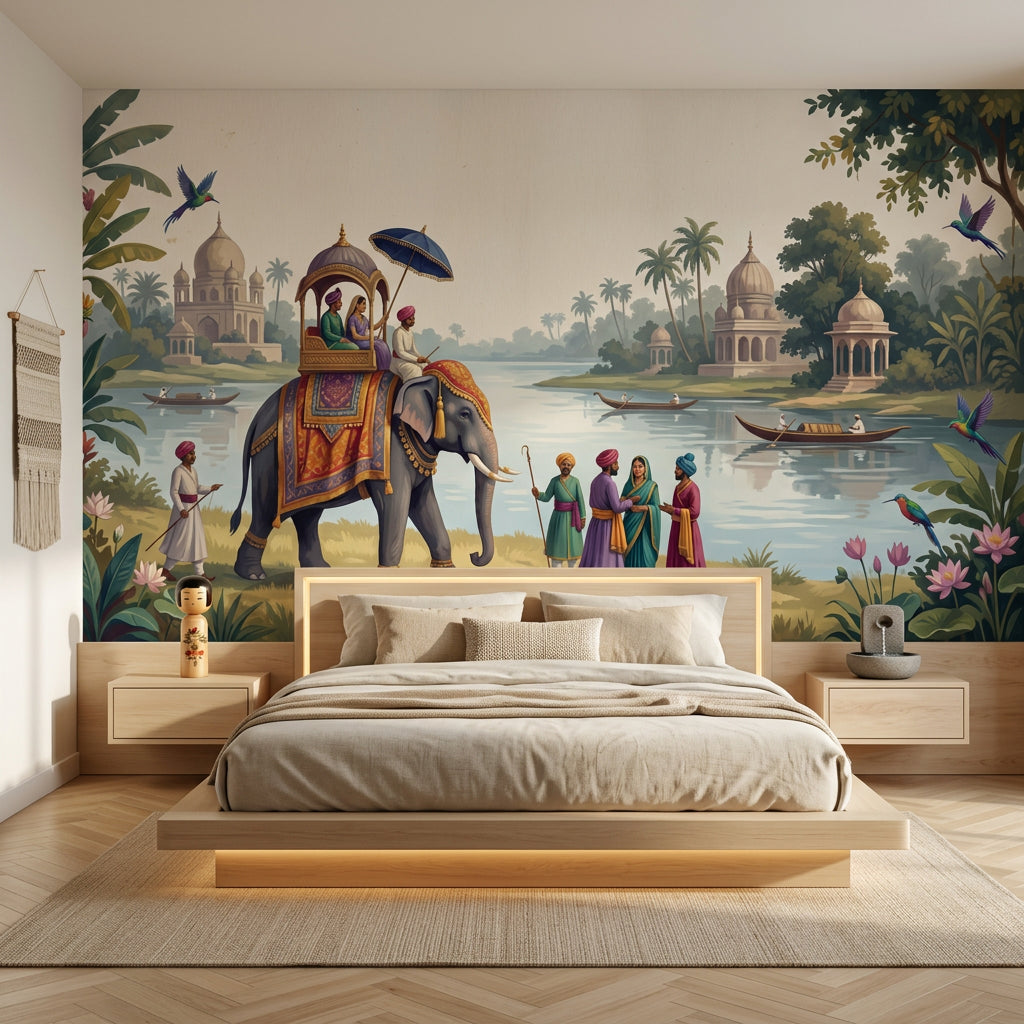 Elephant Procession Wallpaper Indian Landscape Palace Domes Wall Mural
