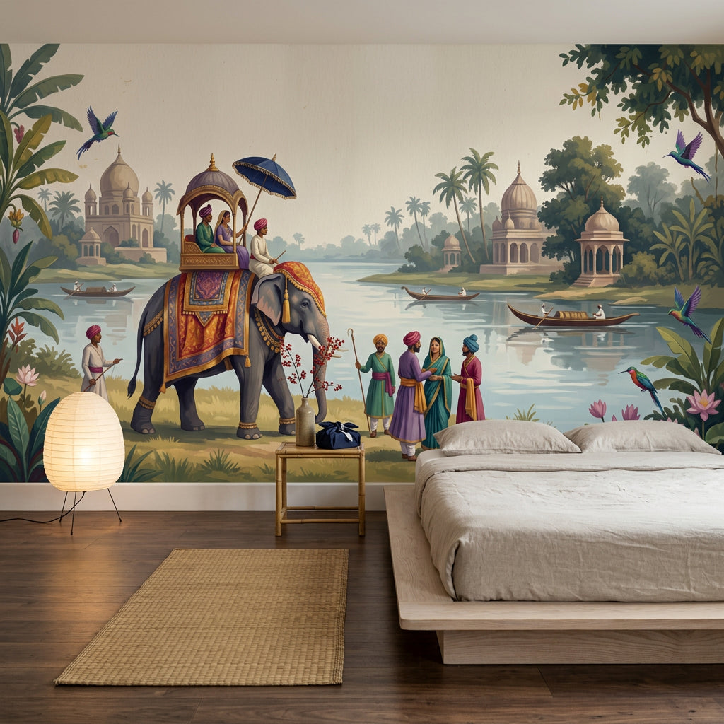 Elephant Procession Wallpaper Indian Landscape Palace Domes Wall Mural