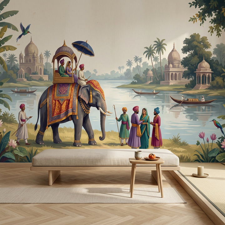 Elephant Procession Wallpaper Indian Landscape Palace Domes Wall Mural