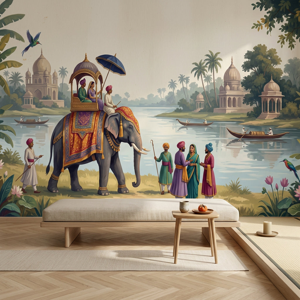 Elephant Procession Wallpaper Indian Landscape Palace Domes Wall Mural