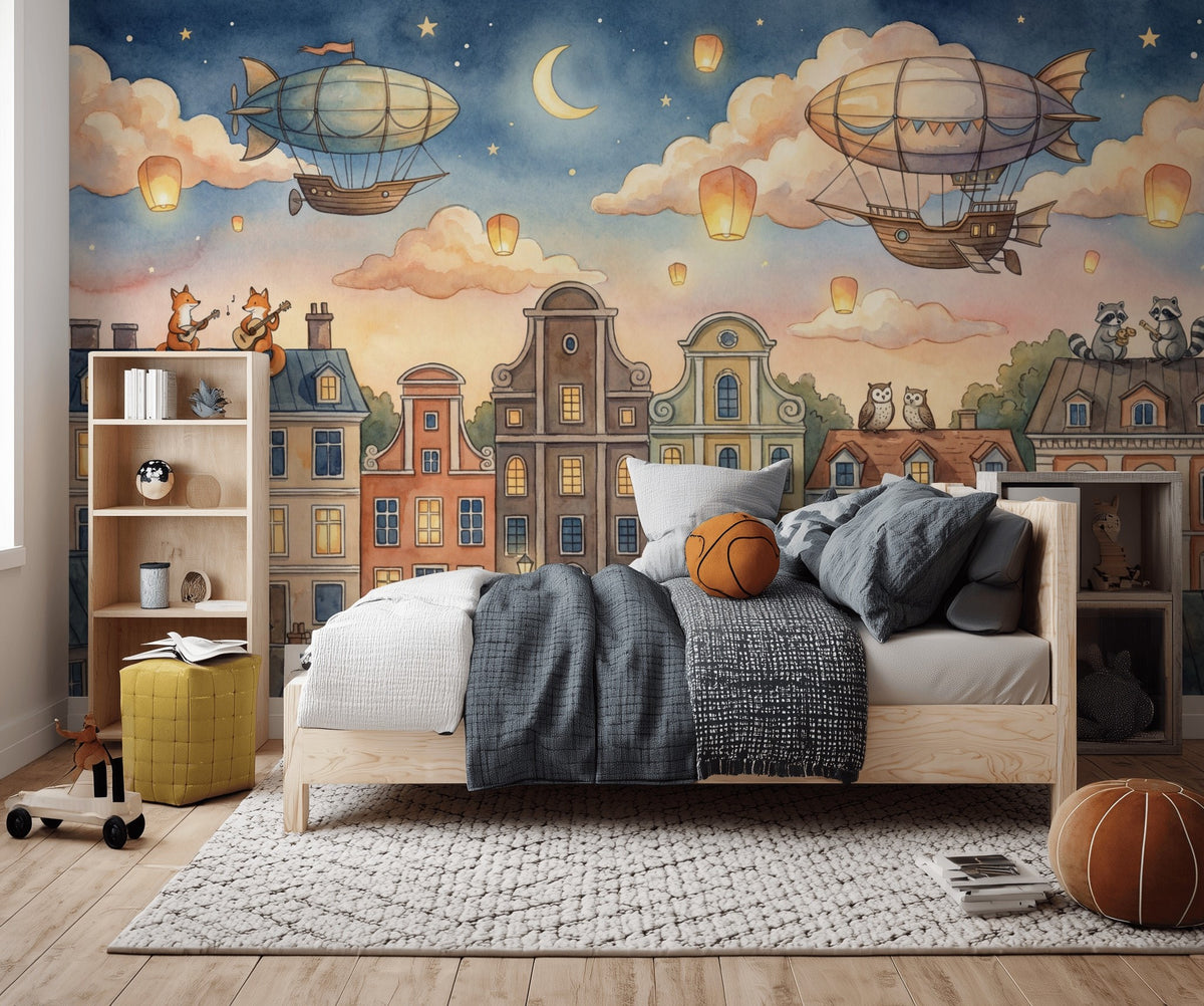 Whimsical Cityscape Wallpaper Dark Night Sky Watercolor Illustration Removable Wall Decor