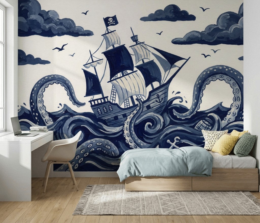 Pirate Ship Wallpaper Dark Nautical Removable Kraken Octopus Tentacles Wall Decor