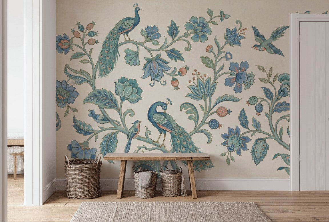 Peacock Wallpaper Blue Floral Removable Botanical Vines Wall Decor