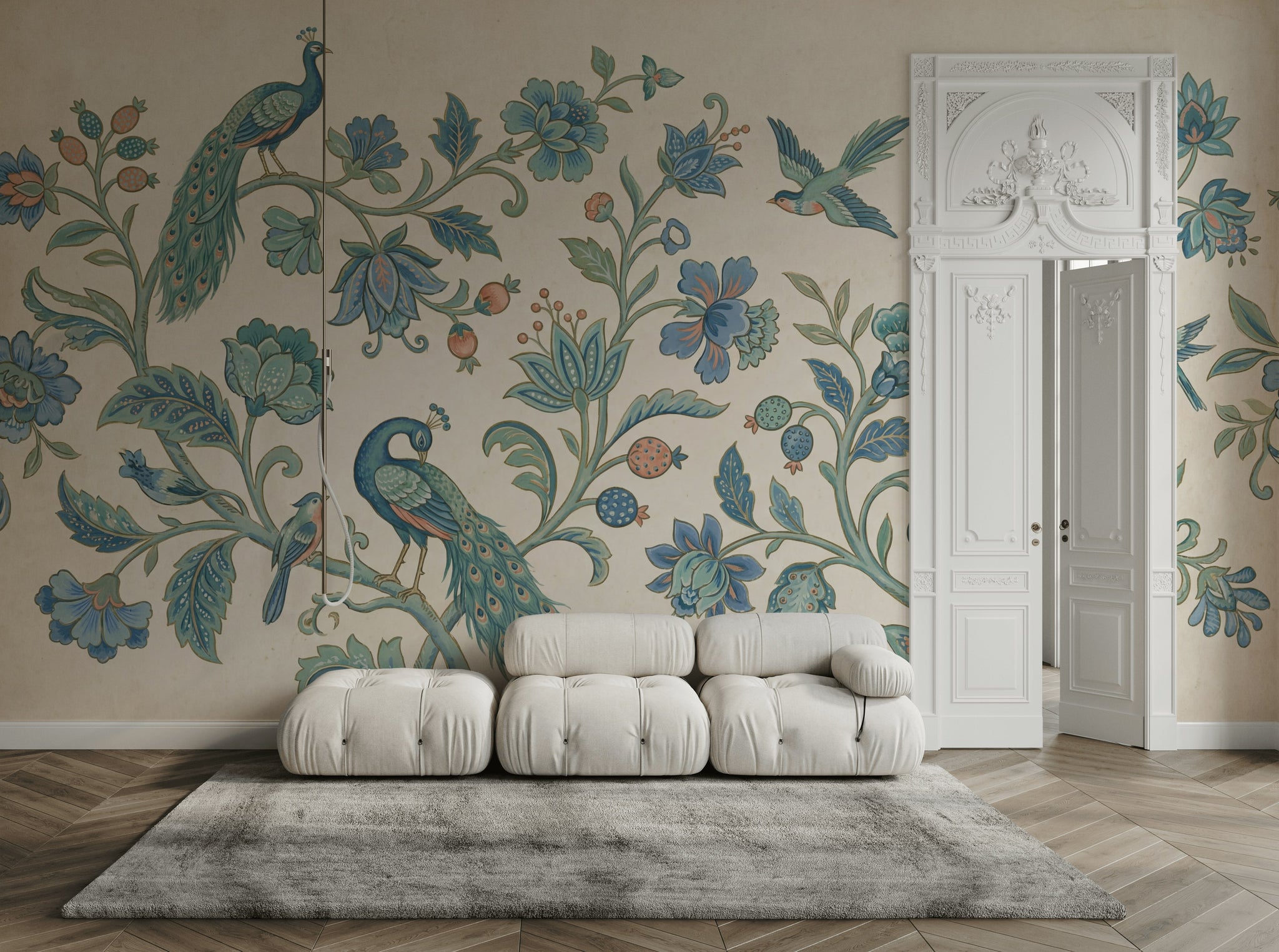 Peacock Wallpaper Blue Floral Removable Botanical Vines Wall Decor