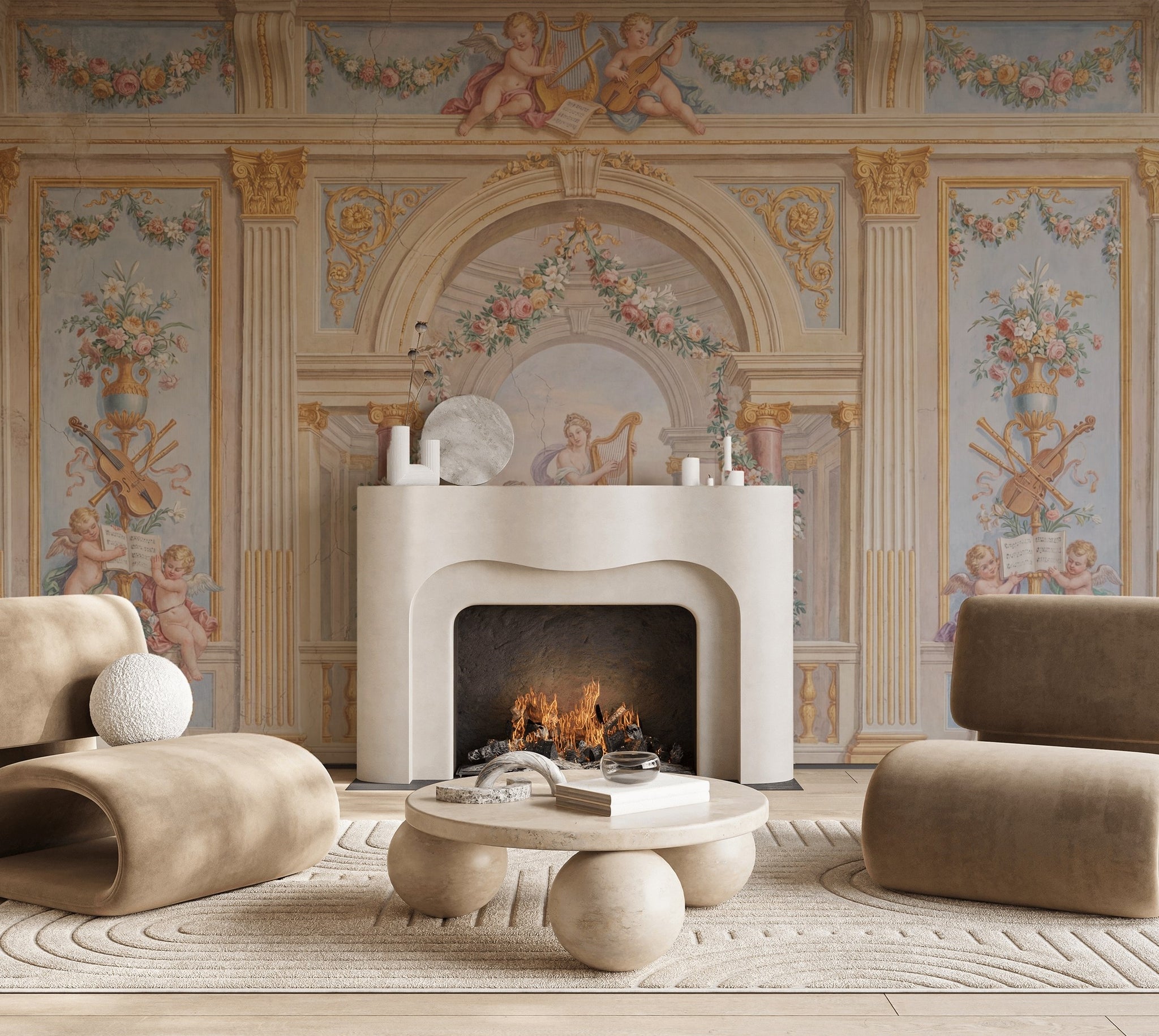 Classical Fresco Wallpaper Floral Garlands Cherubs Removable Wall Decor