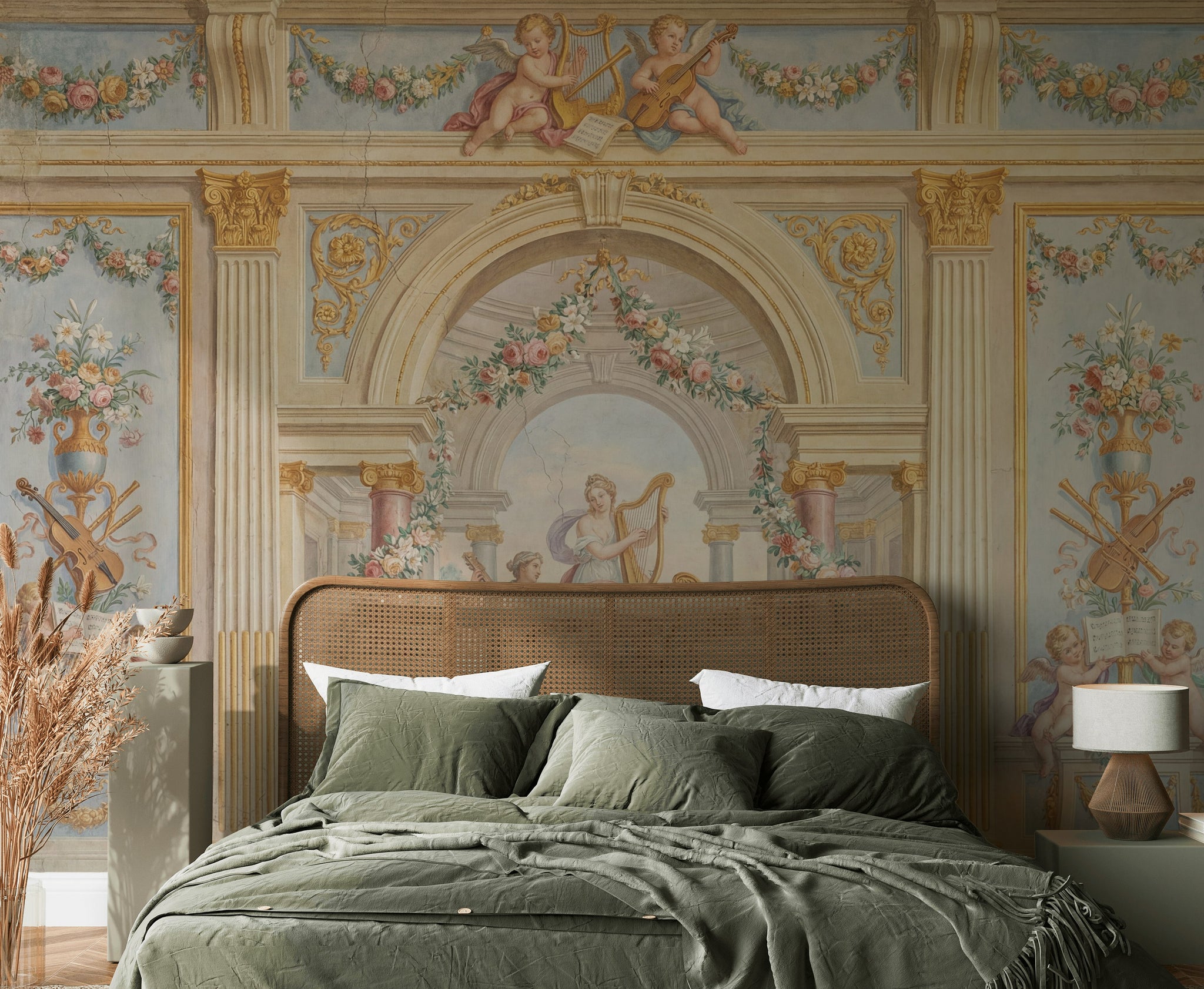 Classical Fresco Wallpaper Floral Garlands Cherubs Removable Wall Decor