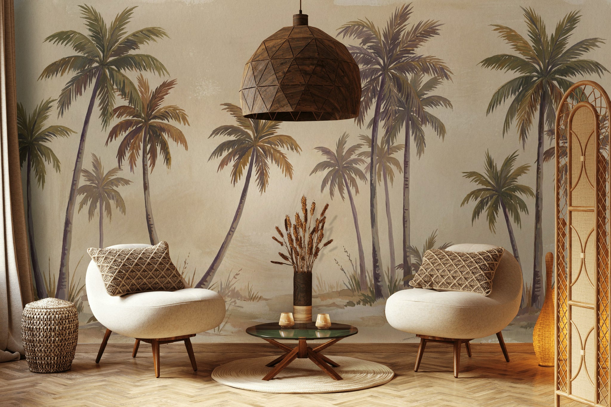 Tropical Palms Wallpaper Coastal Landscape Watercolor Wash Wall Mural