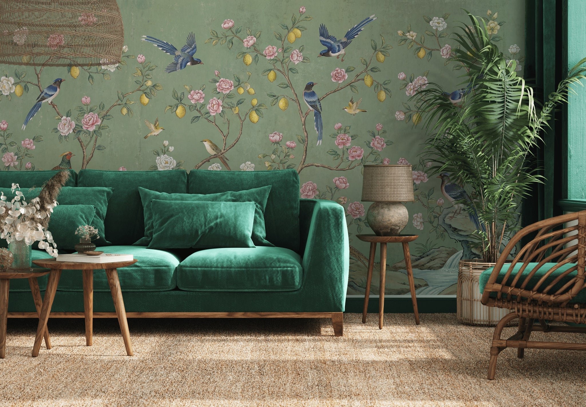 Chinoiserie Wallpaper Lemon Tree Removable Birds Wall Decor
