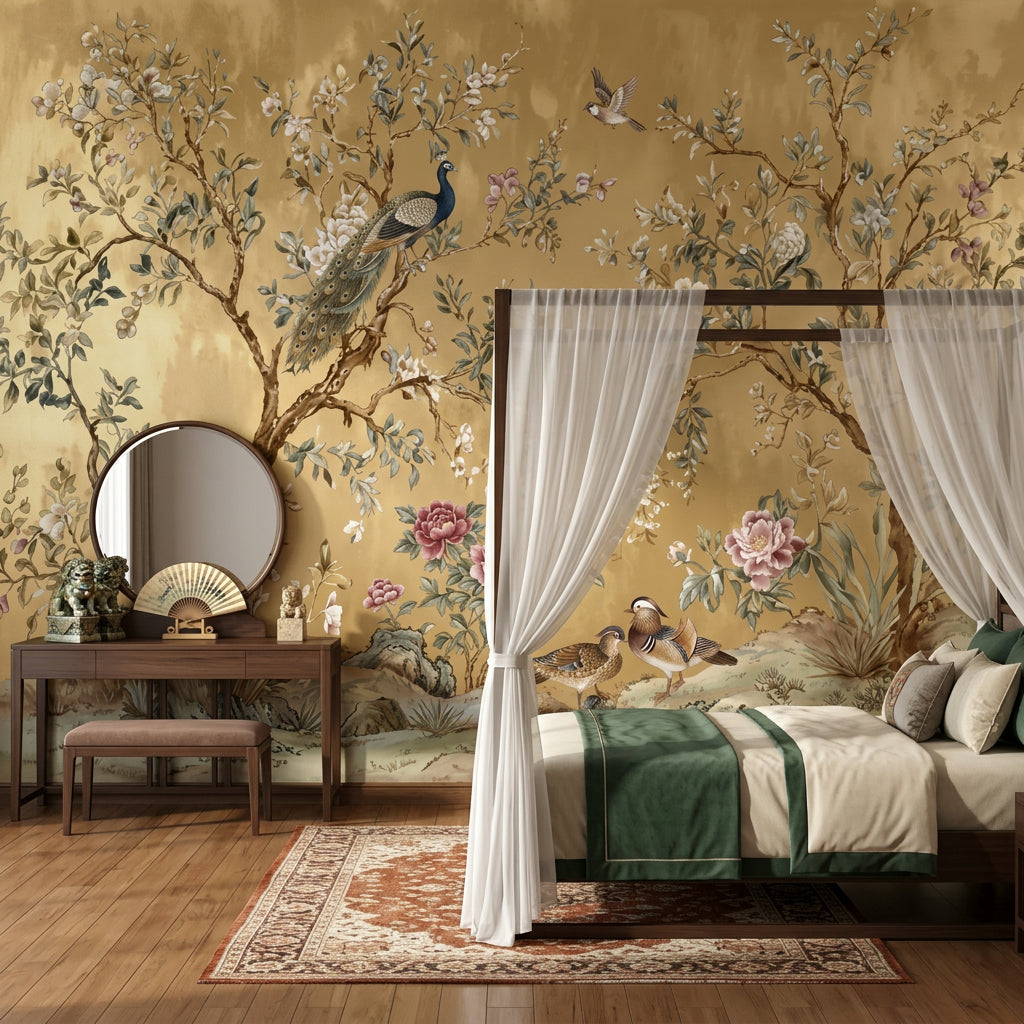 Chinoiserie Wallpaper Gold Background Oriental Garden Removable Wall Decor