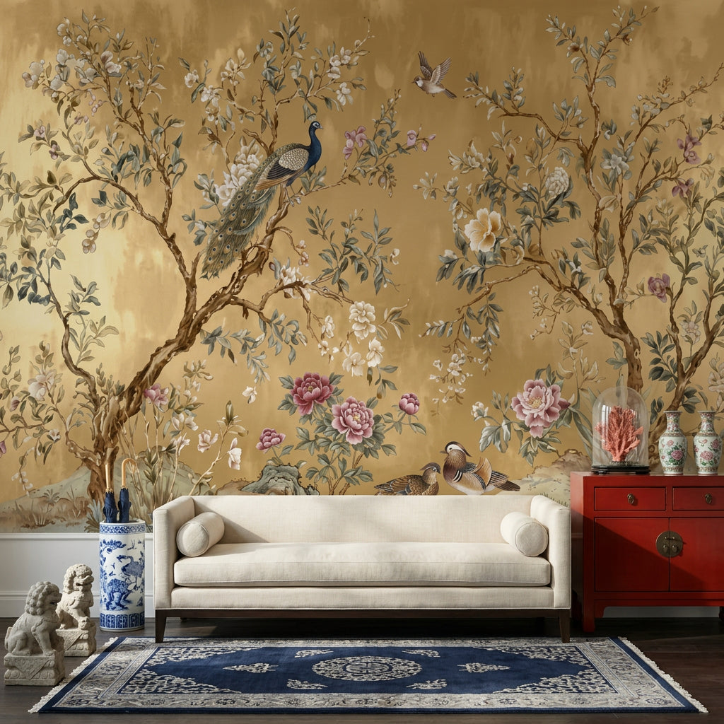 Chinoiserie Wallpaper Gold Background Oriental Garden Removable Wall Decor