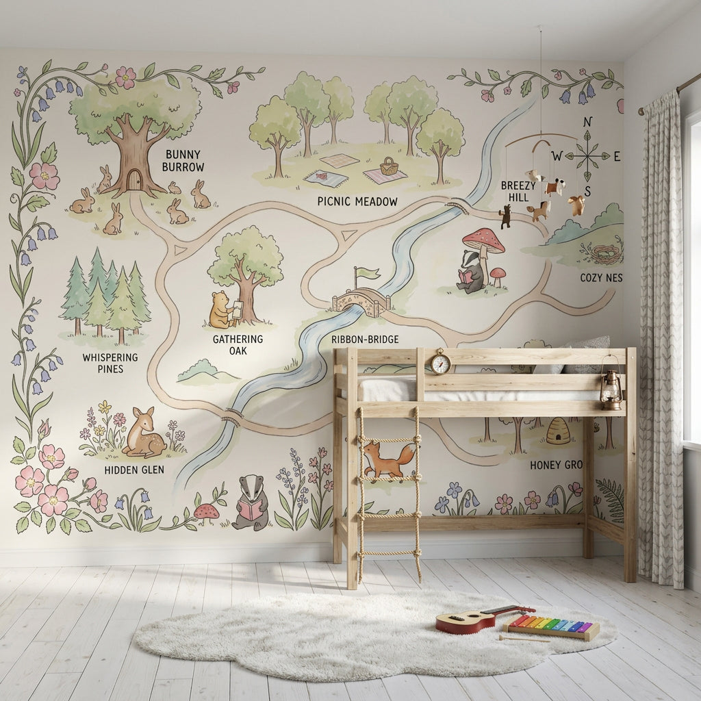 Whimsical Woodland Map Wallpaper Storybook Illustration Pastel Watercolor Wall Mural
