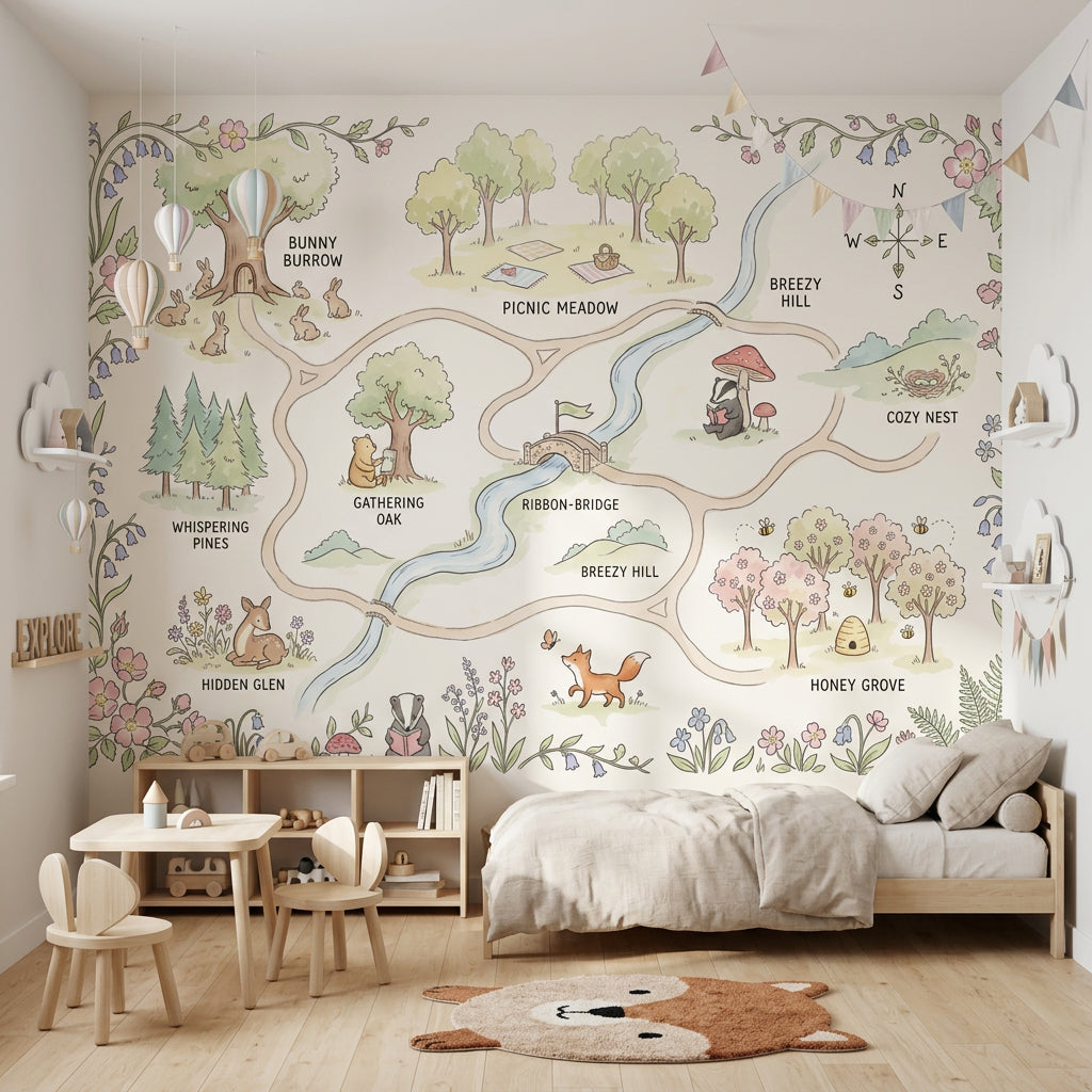 Whimsical Woodland Map Wallpaper Storybook Illustration Pastel Watercolor Wall Mural
