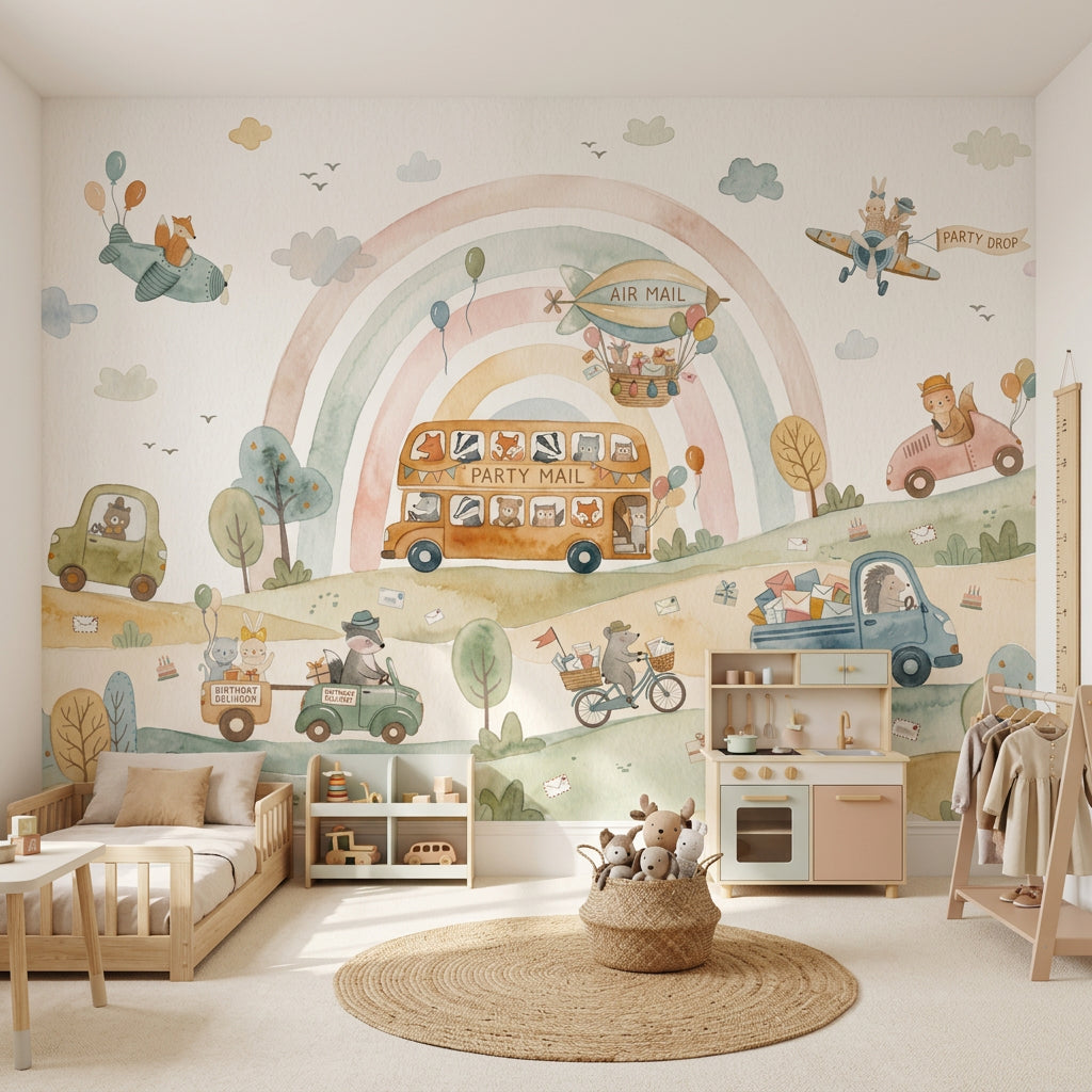 Nursery Wallpaper Pastel Rainbow Cute Animals Removable Wall Decor