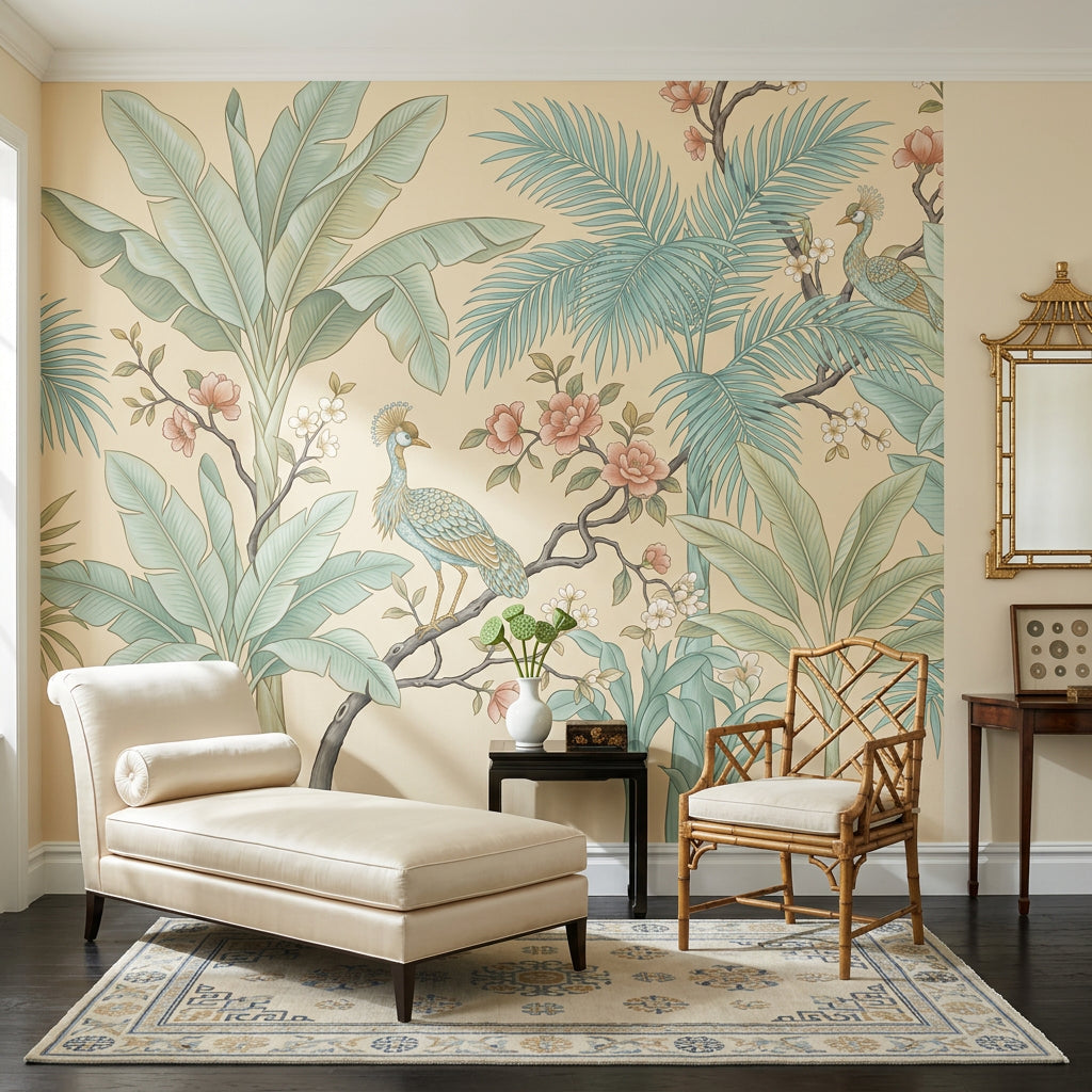 Tropical Botanical Wallpaper Peacocks Palm Fronds Wall Mural