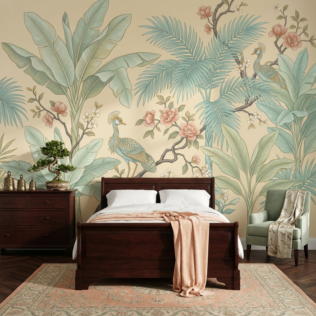 Tropical Botanical Wallpaper Peacocks Palm Fronds Wall Mural