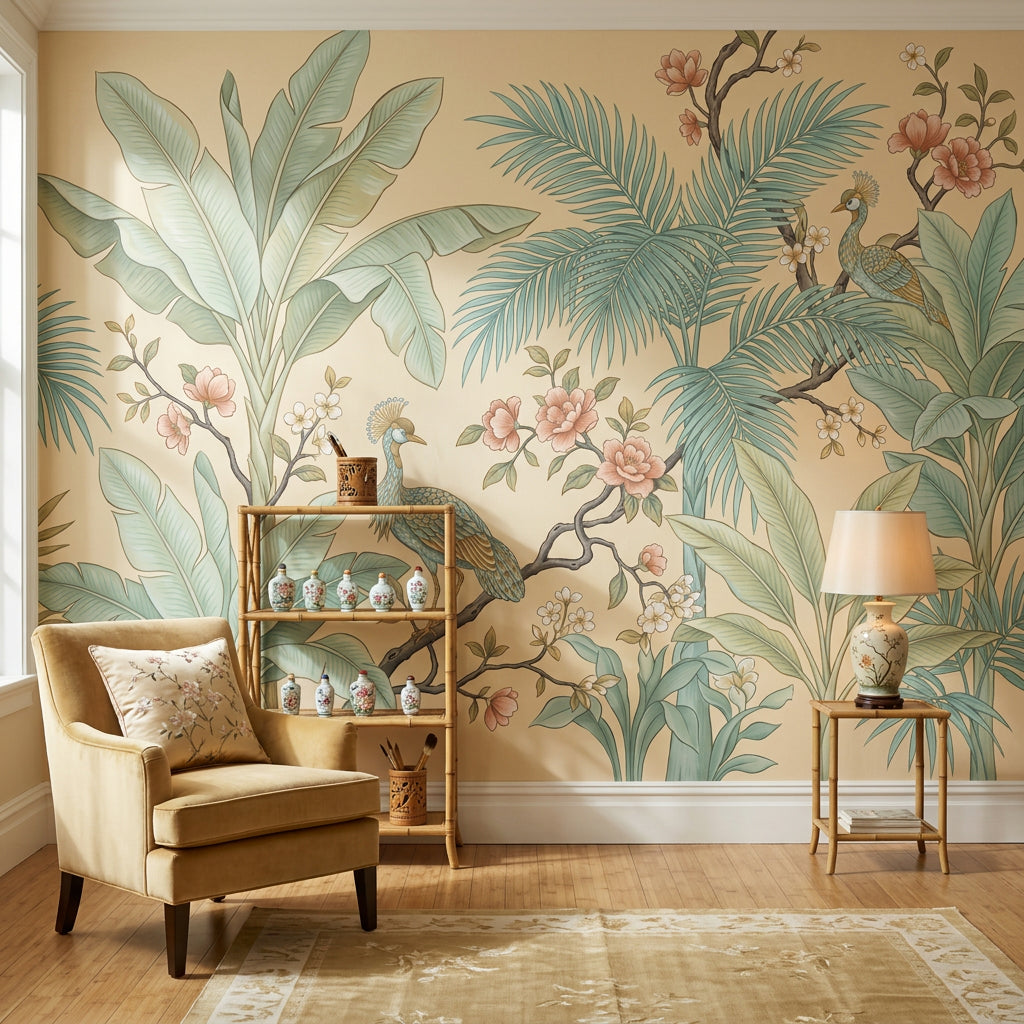 Tropical Botanical Wallpaper Peacocks Palm Fronds Wall Mural