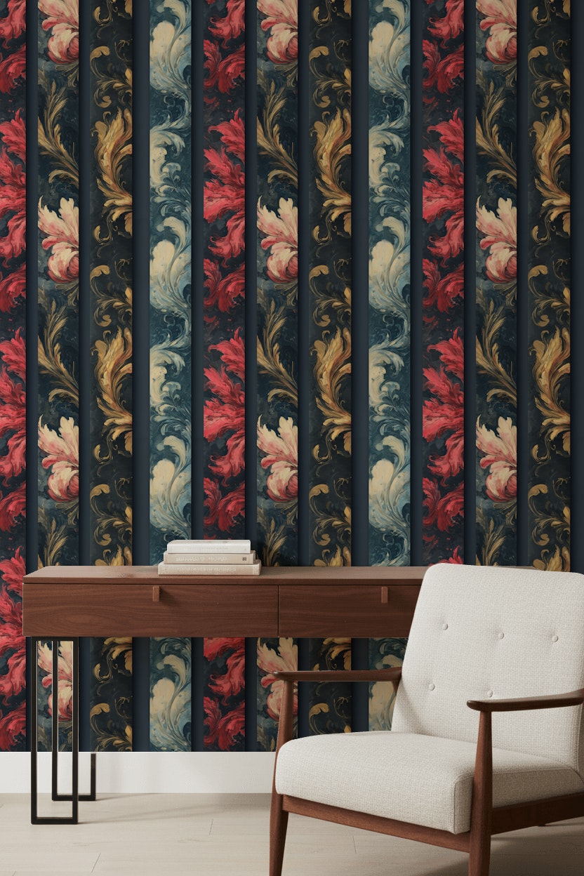 Ornamental Floral Wallpaper Damask Scrollwork Removable Baroque Inspired Wall Decor