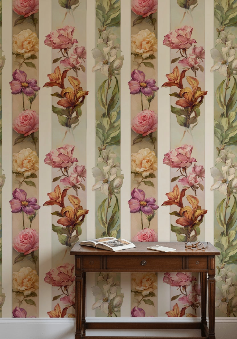Floral Wallpaper Botanical Removable Vertical Stripes Wall Decor