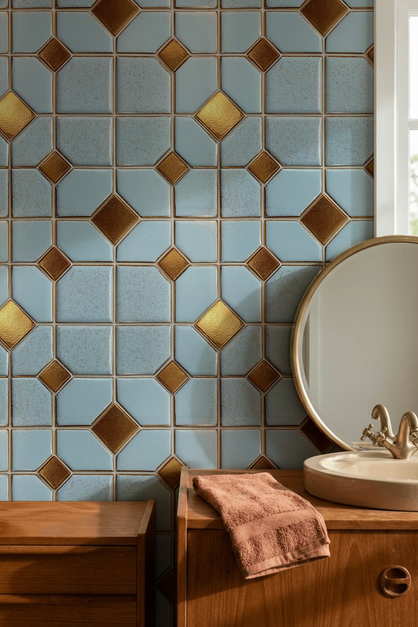 Geometric Tile Wallpaper Trellis Grid Removable Metallic Gold Accents Wall Decor