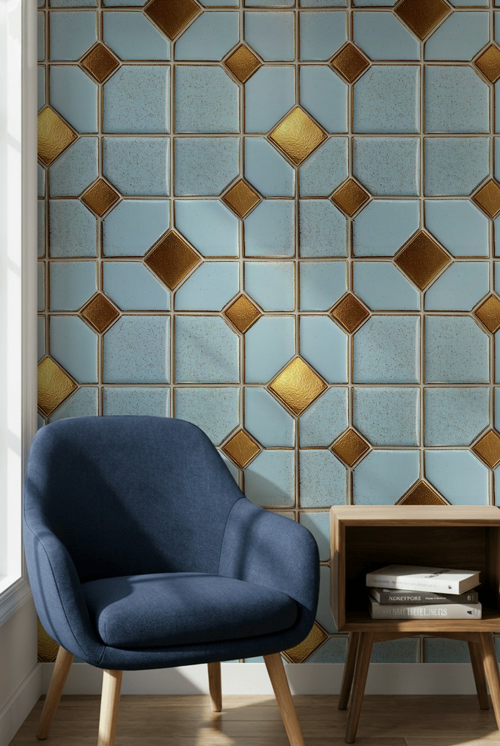 Geometric Tile Wallpaper Trellis Grid Removable Metallic Gold Accents Wall Decor