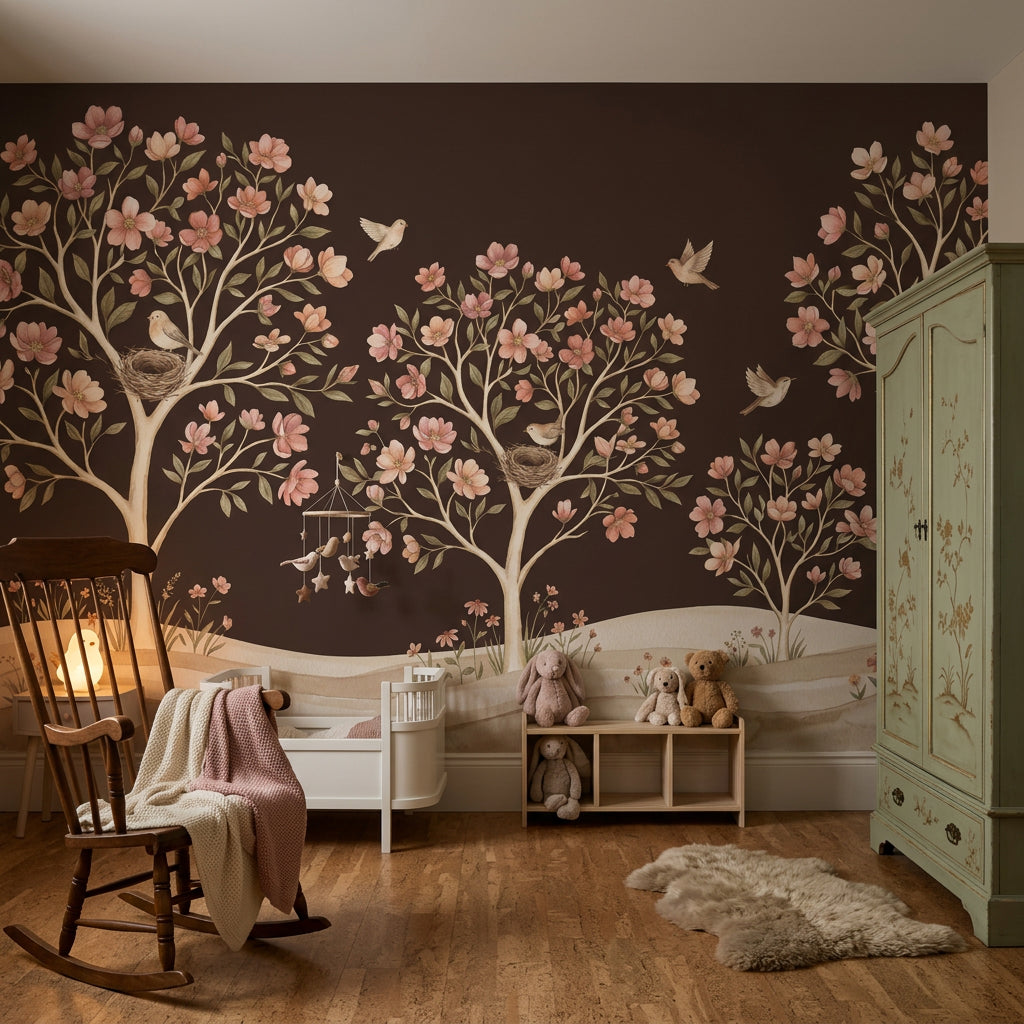 Storybook Mural Wallpaper Dark Brown Background Whimsical Garden Removable Wall Decor