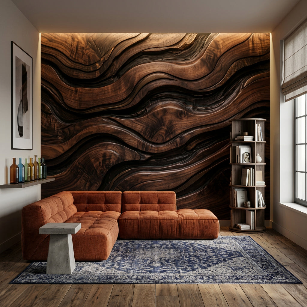 Walnut Grain Wallpaper Dark Wood 3D Carved Texture Wall Mural