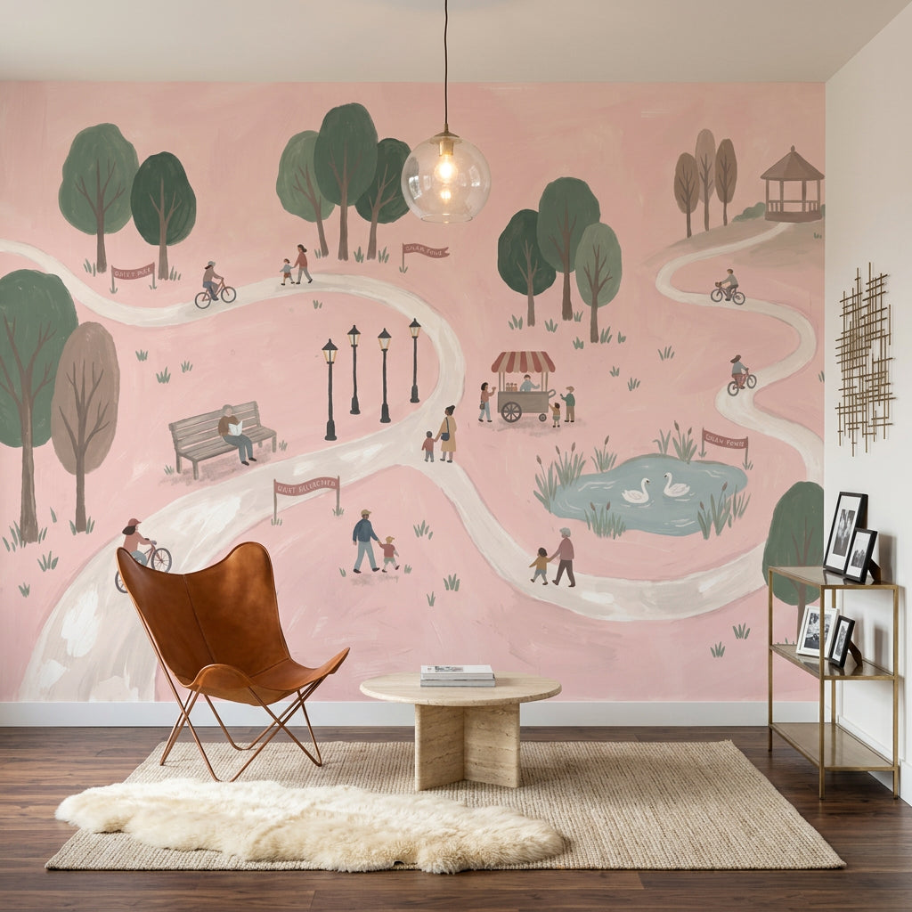 Pastel Park Landscape Wallpaper Pink Background Winding Path Wall Mural