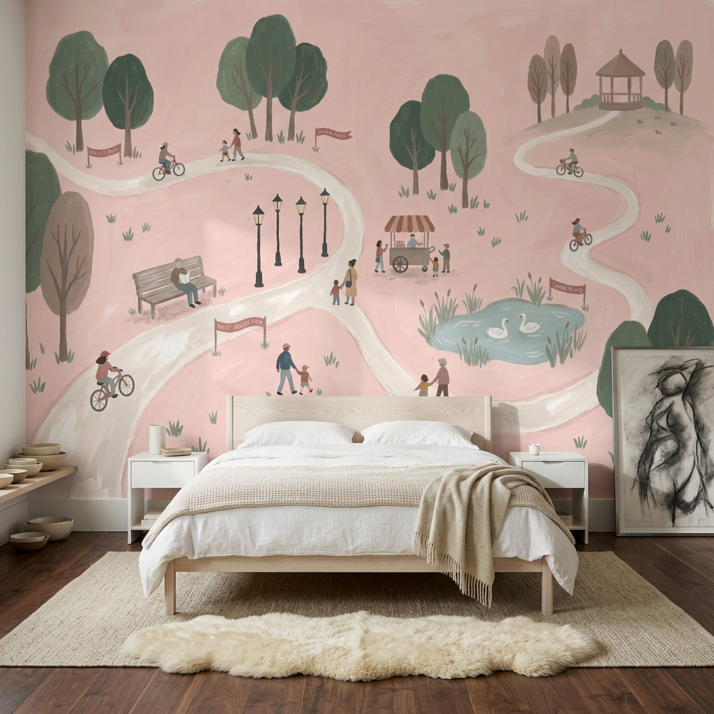 Pastel Park Landscape Wallpaper Pink Background Winding Path Wall Mural