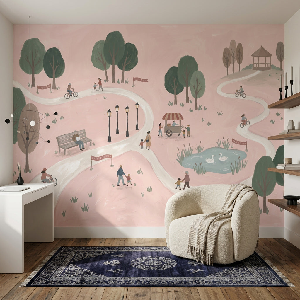 Pastel Park Landscape Wallpaper Pink Background Winding Path Wall Mural