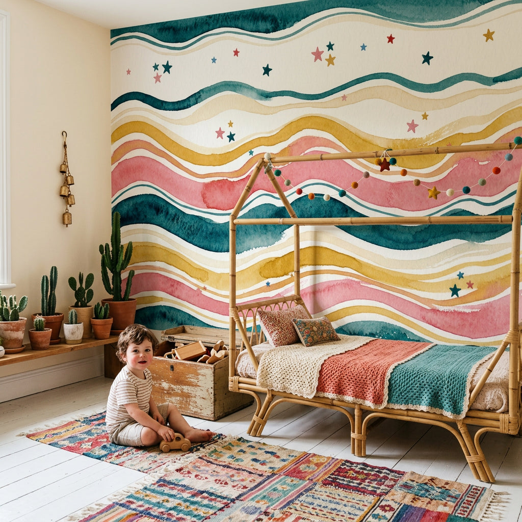 Watercolor Texture Wallpaper Painted Waves Starry Stripes Wall Mural