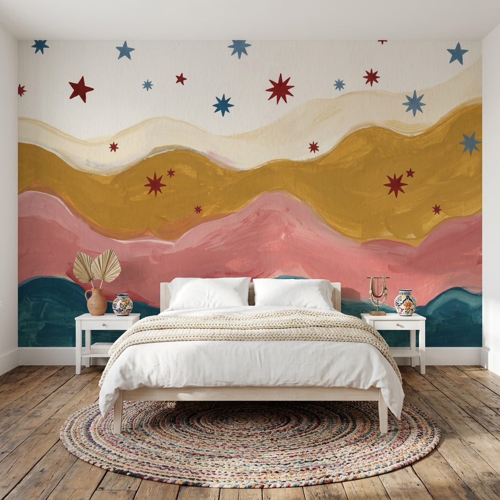 Abstract Landscape Wallpaper Wavy Layers Starburst Stars Removable Wall Decor