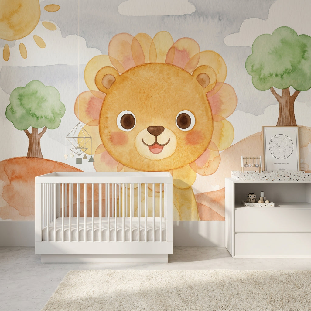 Watercolor Wallpaper Cute Lion Removable Nursery Wall Decor