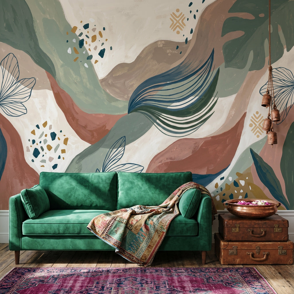 Abstract Botanical Wallpaper Organic Waves Painterly Brushstrokes Wall Mural
