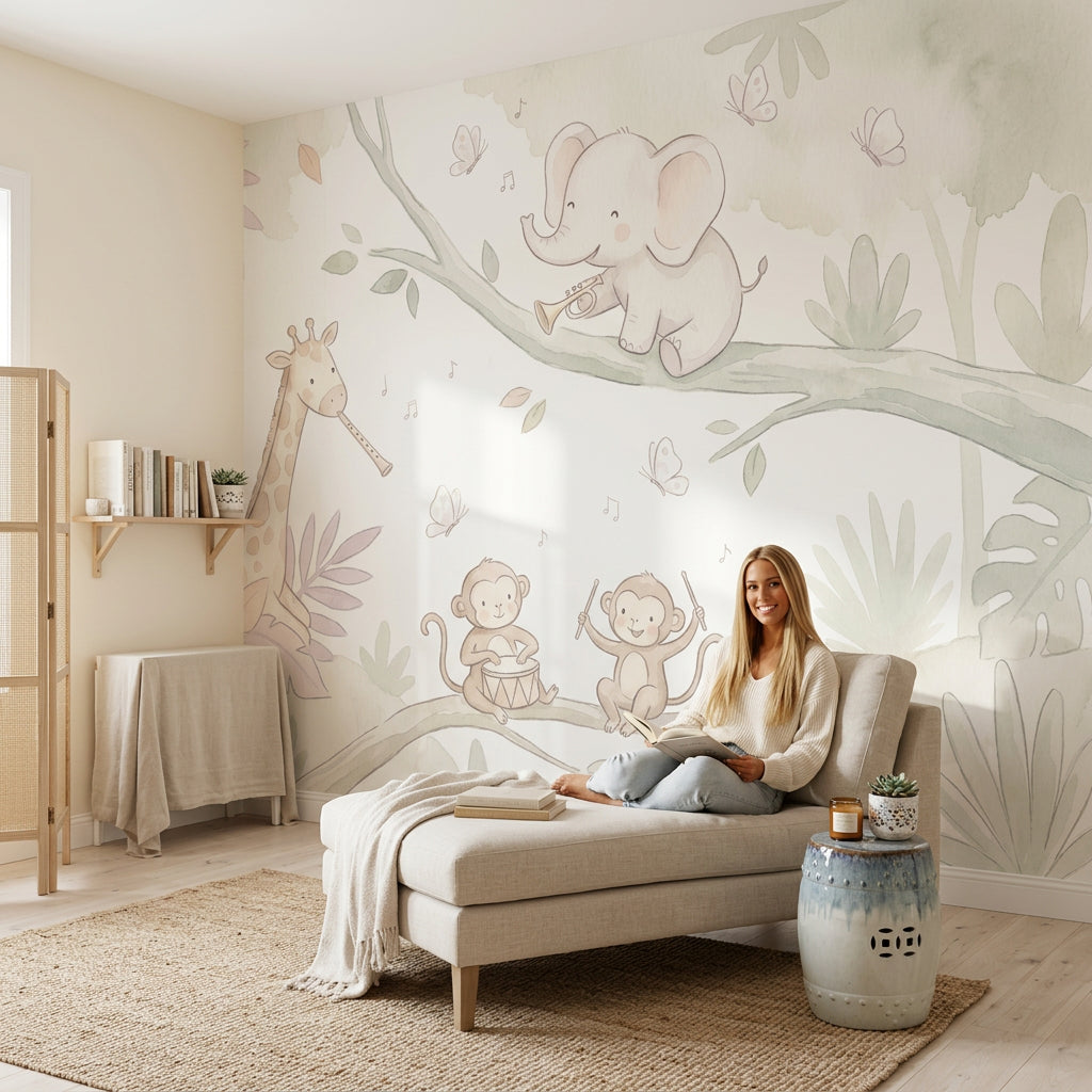 Nursery Wallpaper Jungle Animals Musical Instruments Removable Wall Decor