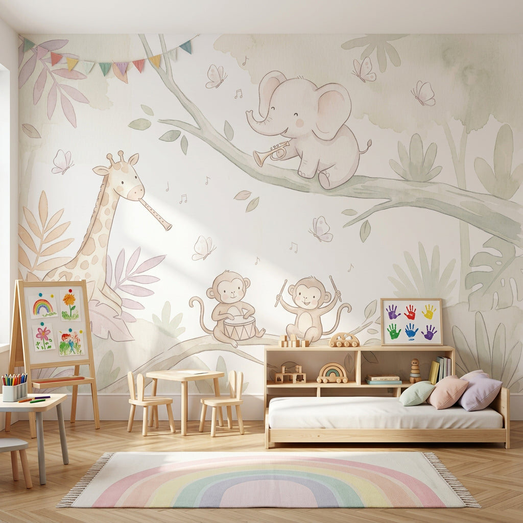 Nursery Wallpaper Jungle Animals Musical Instruments Removable Wall Decor