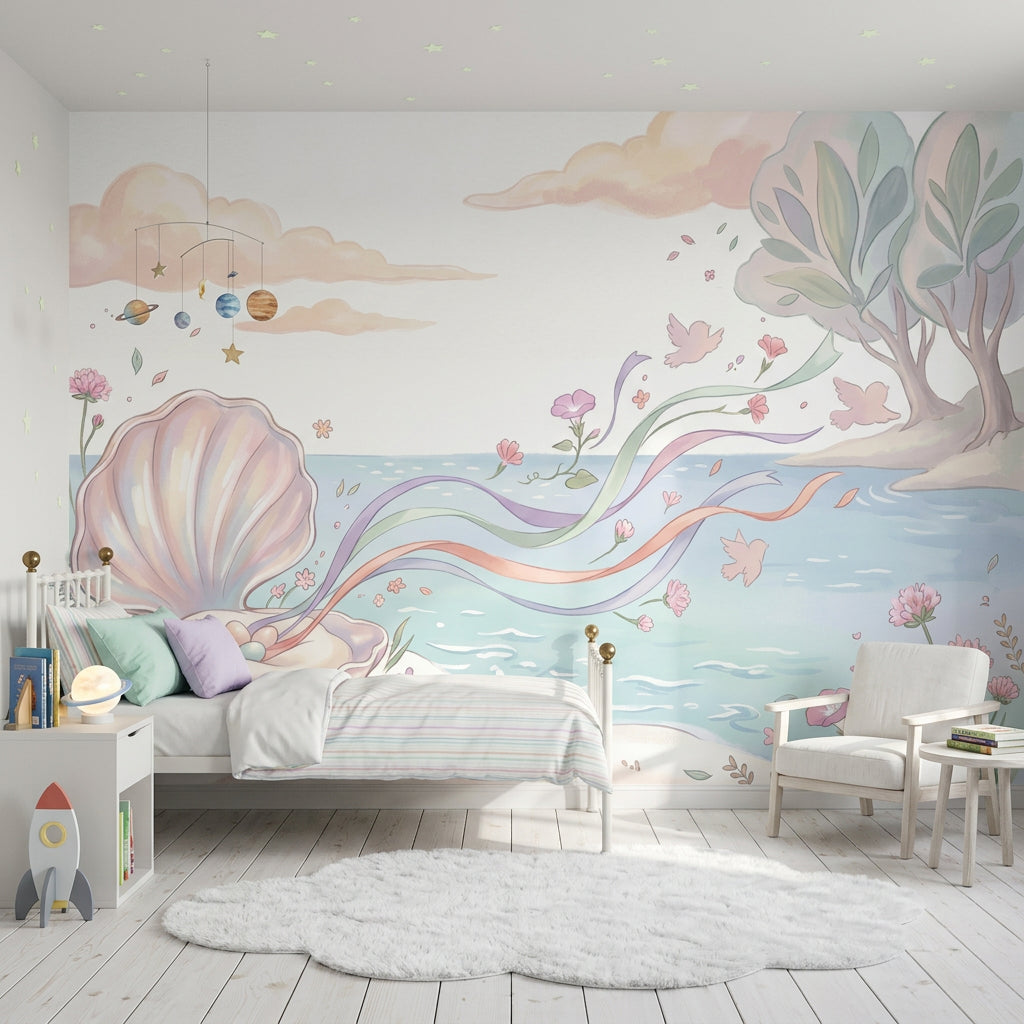 Pastel Seaside Wallpaper Open Seashell Whimsical Illustration Removable Wall Decor