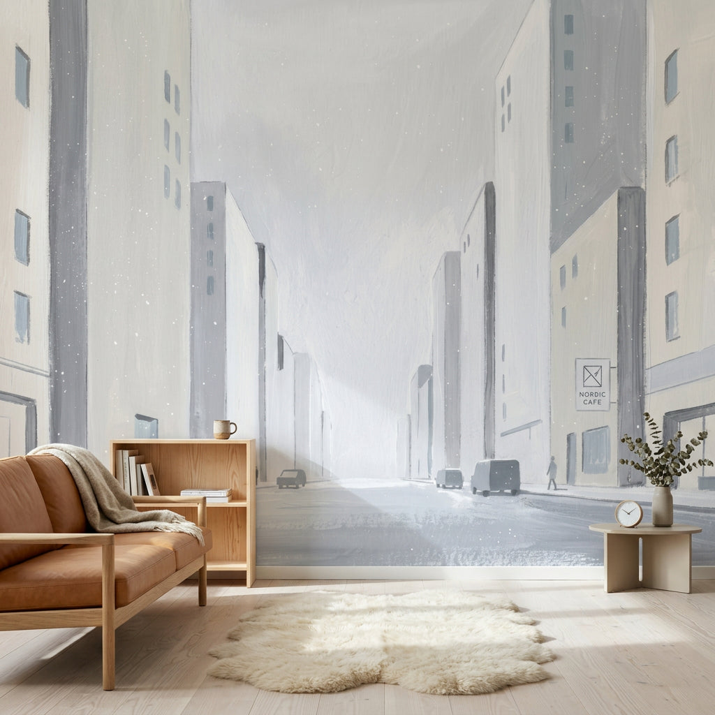 Minimalist Cityscape Wallpaper Winter Street Scandinavian Wall Mural