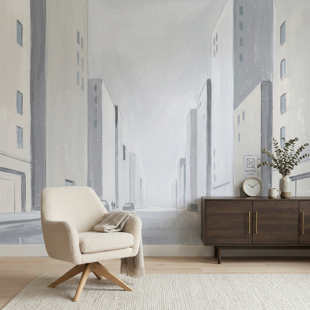 Minimalist Cityscape Wallpaper Winter Street Scandinavian Wall Mural